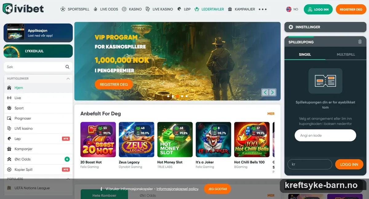 Skjermbilde av forsiden til Ivibet Casino med velkomstbonus på 150 % opptil 3 000 kr