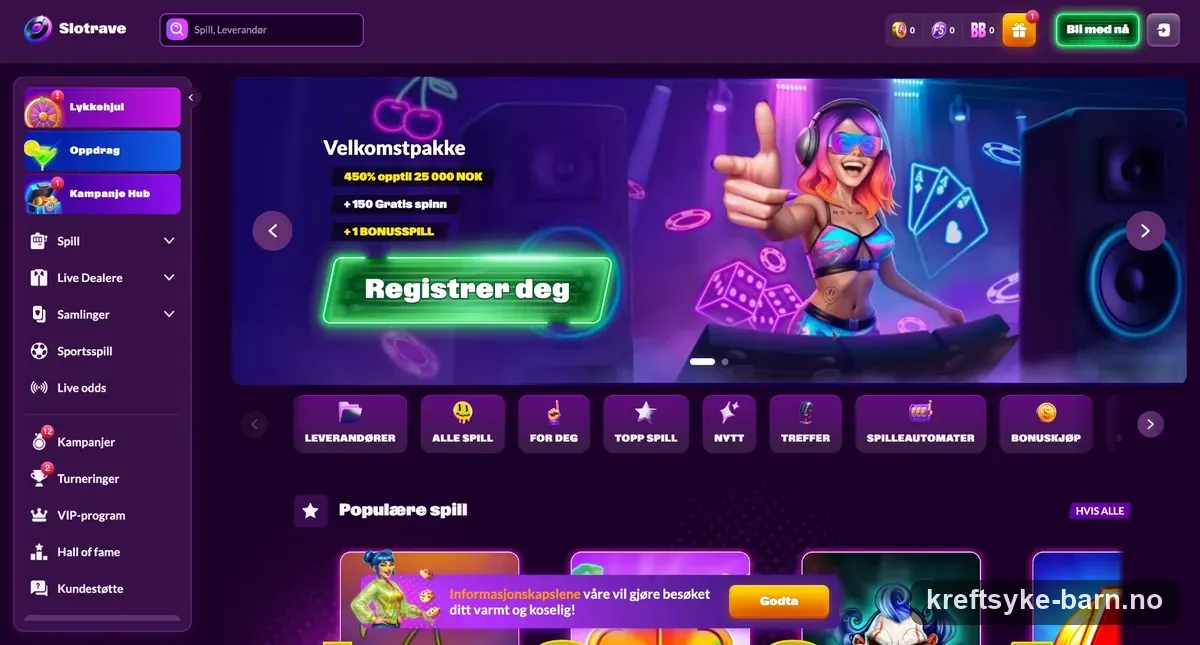 Skjermbilde av forsiden til Slotrave Casino med velkomstbonus på 450 % opptil 25 000 kr